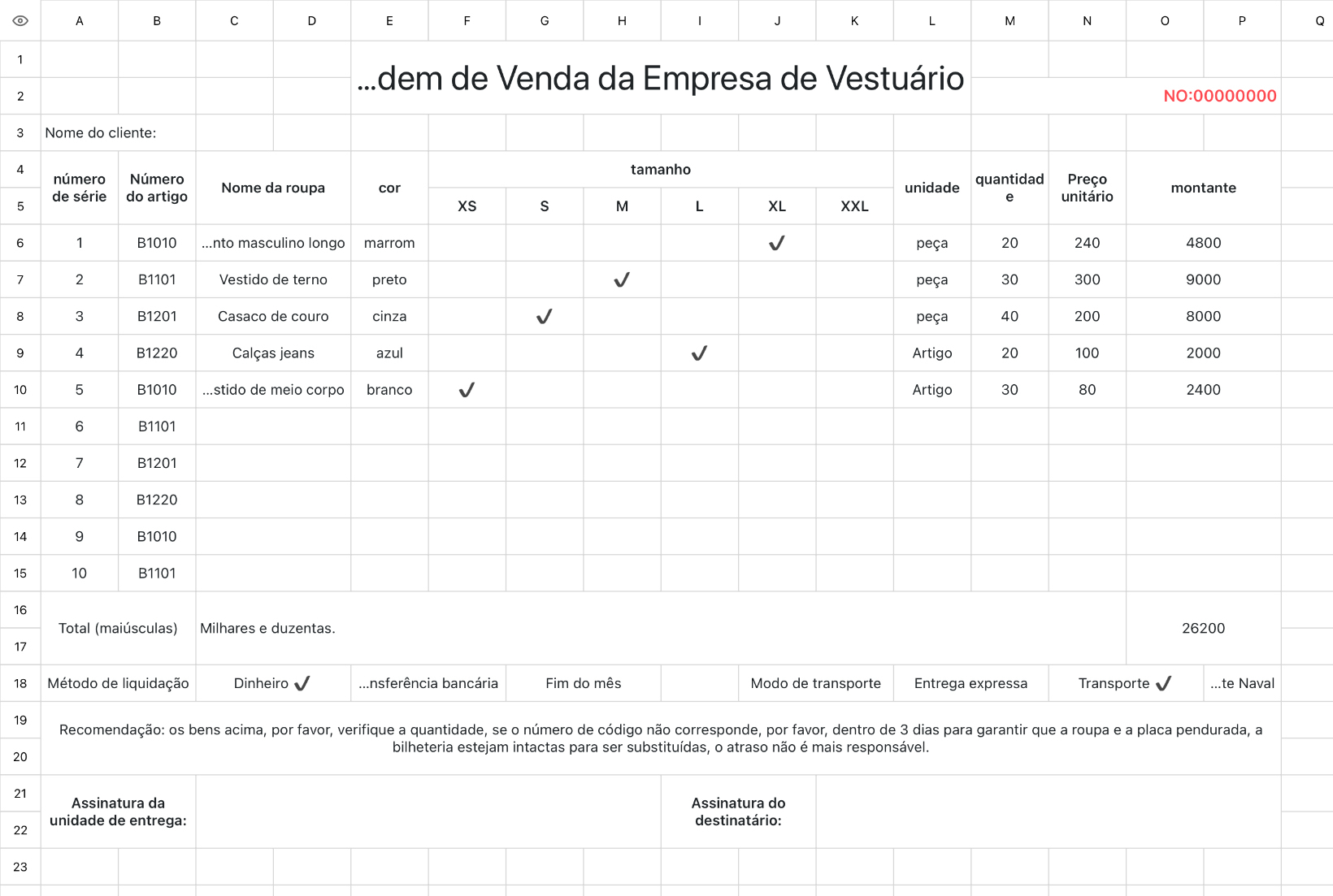 Ordem de Venda da Empresa de Vestuário